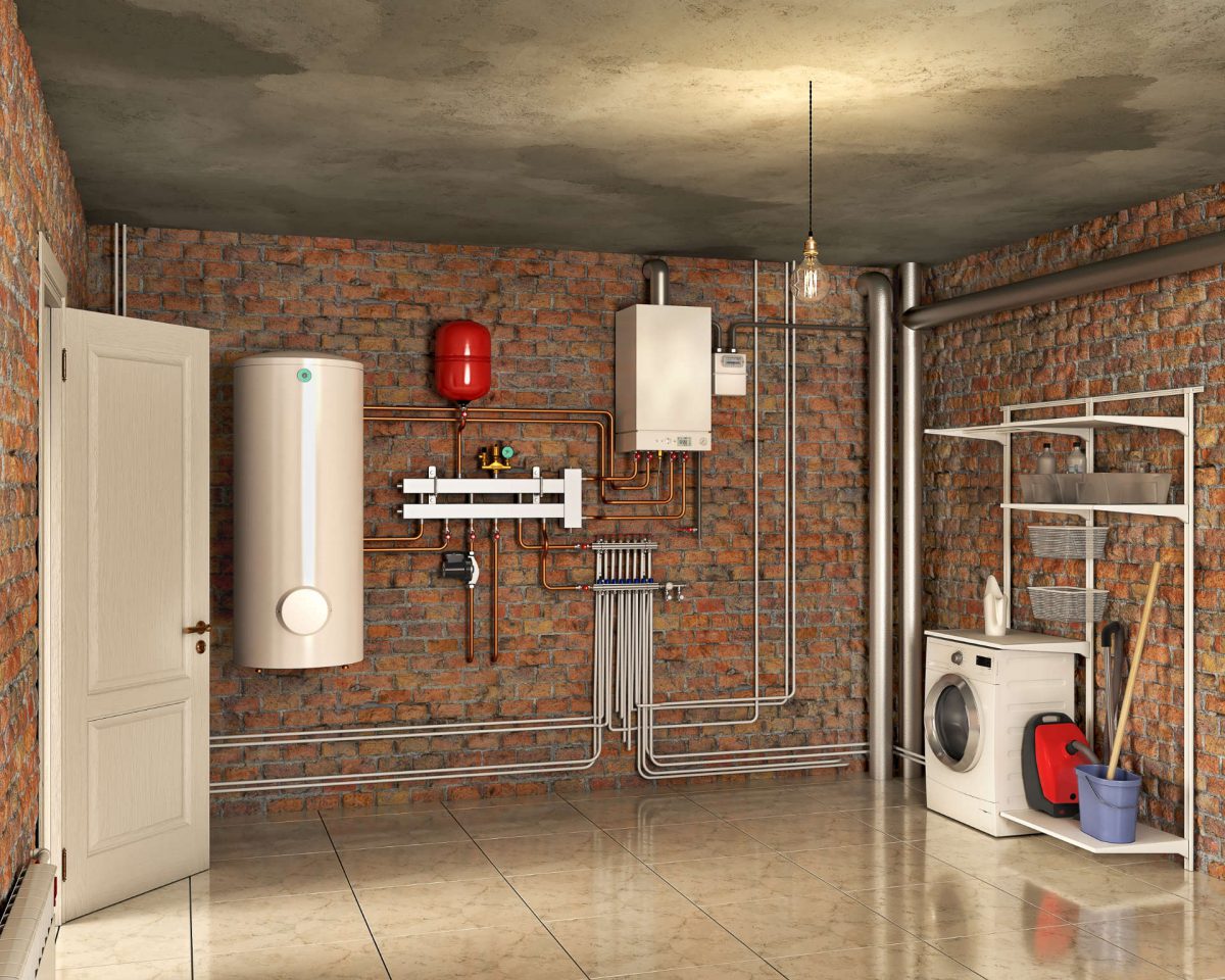 Boiler system and laundry in a basement interior